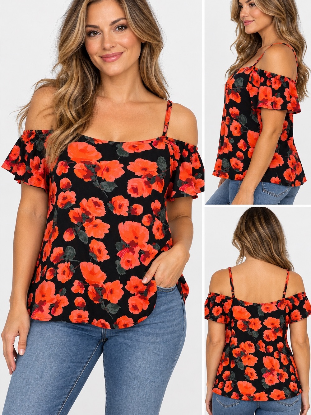 Billabong Black Cold-Shoulder Floral Top with Red Roses
